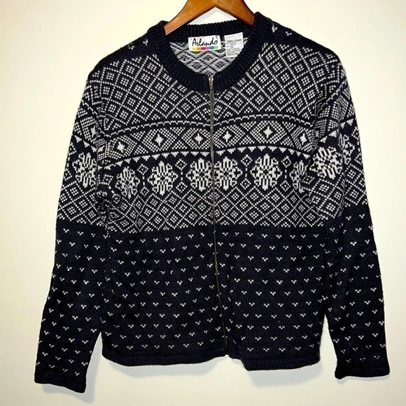Vintage Wool blend Cardigan Fair Isle Front Zip gray Print Women's Small - Picture 1 of 5